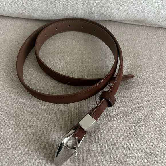 Brown Suede/Nubuck Belt with Silver Sculptural Asymmetric Buckle - Picture 2 of 3